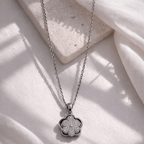 Dainty Pavé Crystal Flower Pendant Necklace