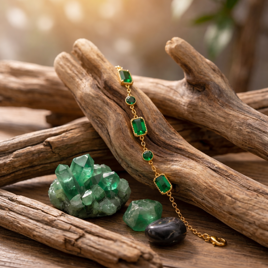 Gold Plated Stainless Steel Emerald Green Crystal Bracelet