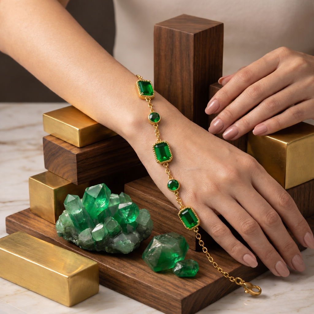 Gold Plated Stainless Steel Emerald Green Crystal Bracelet
