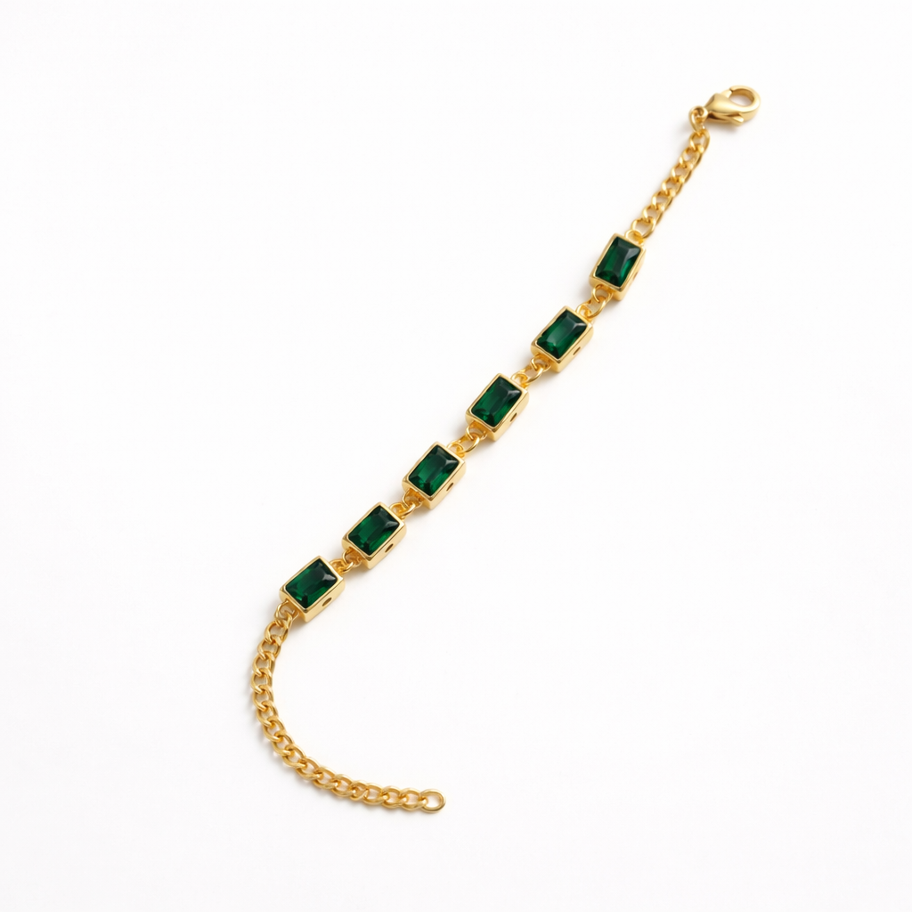 Gold Plated Emerald Green Baguette Link Bracelet