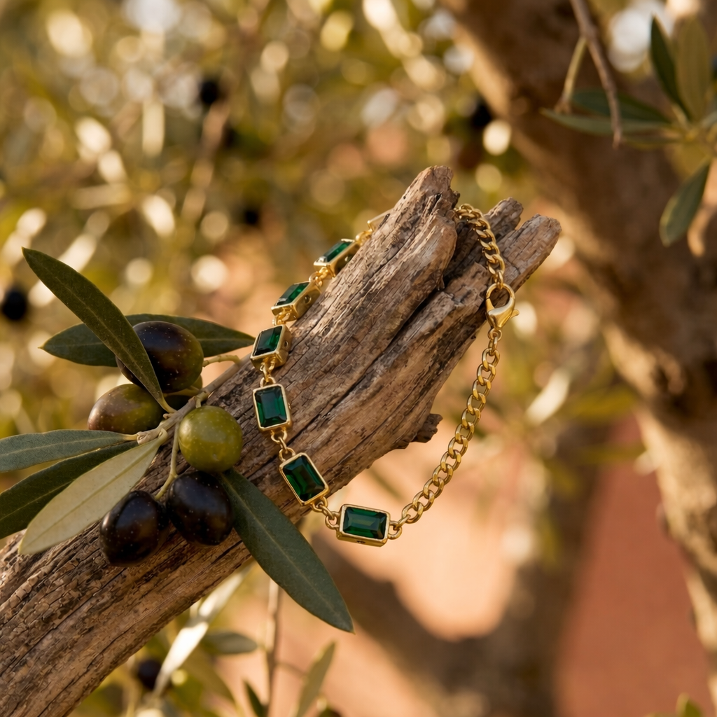 Gold Plated Emerald Green Baguette Link Bracelet