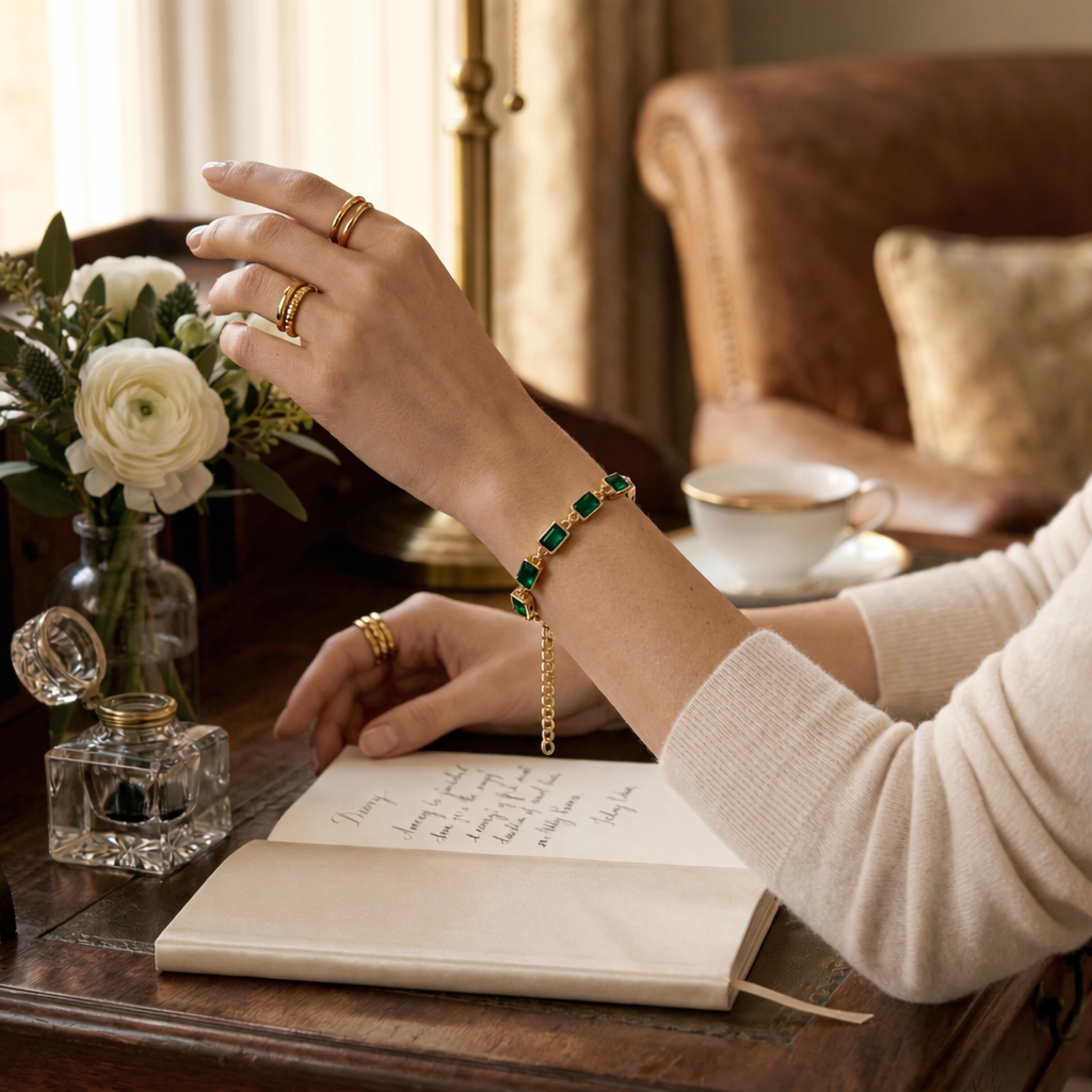 Gold Plated Emerald Green Baguette Link Bracelet