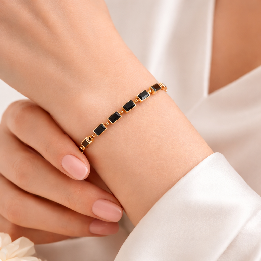 Gold Plated Emerald Green Baguette Link Bracelet