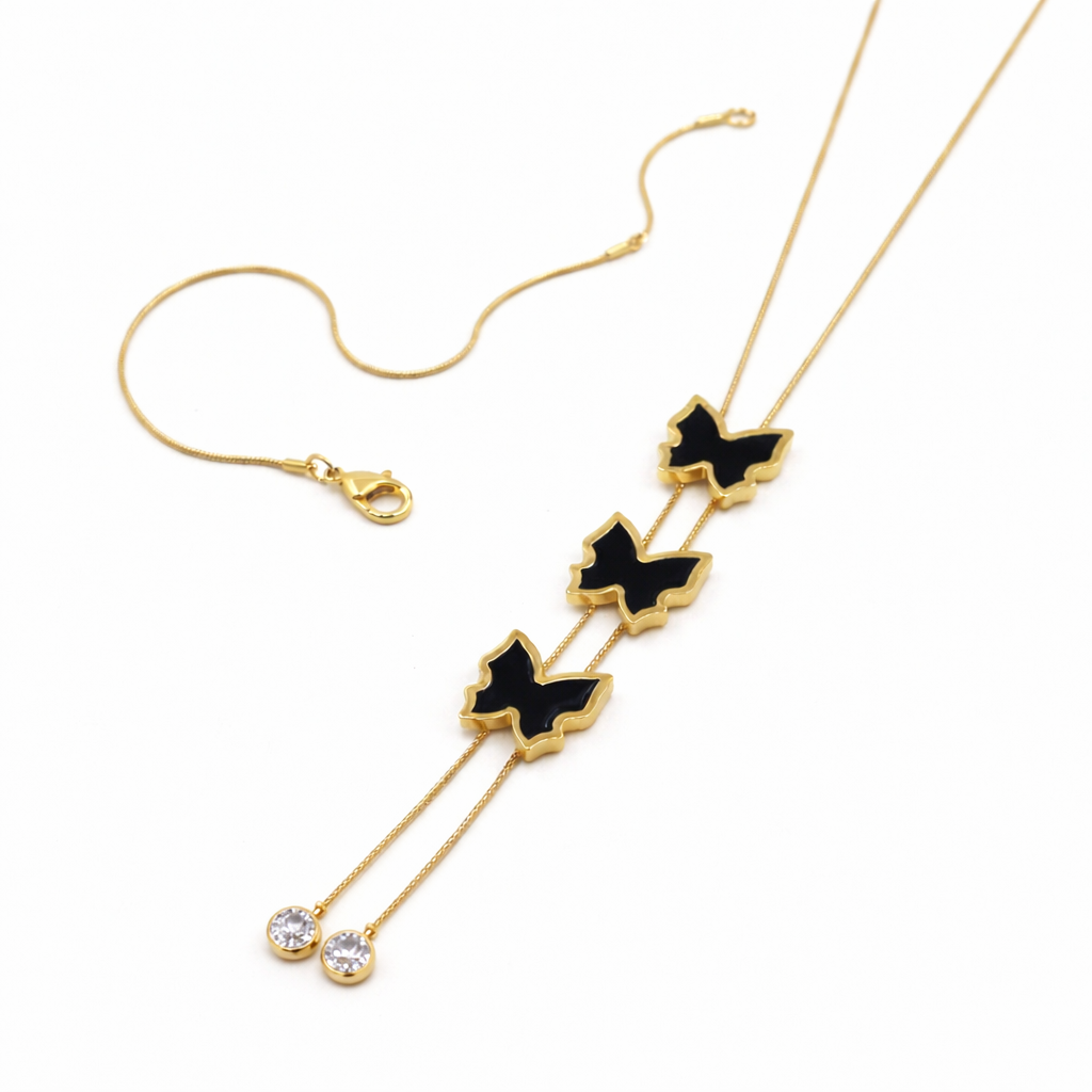 Elegant Triple Black Butterfly Necklace