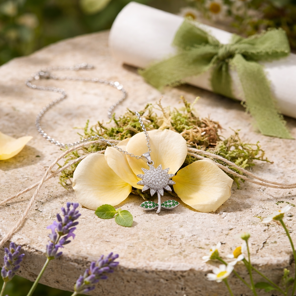Sparkling Sunflower Pendant Necklace in Sterling Silver with Emerald Green Crystals