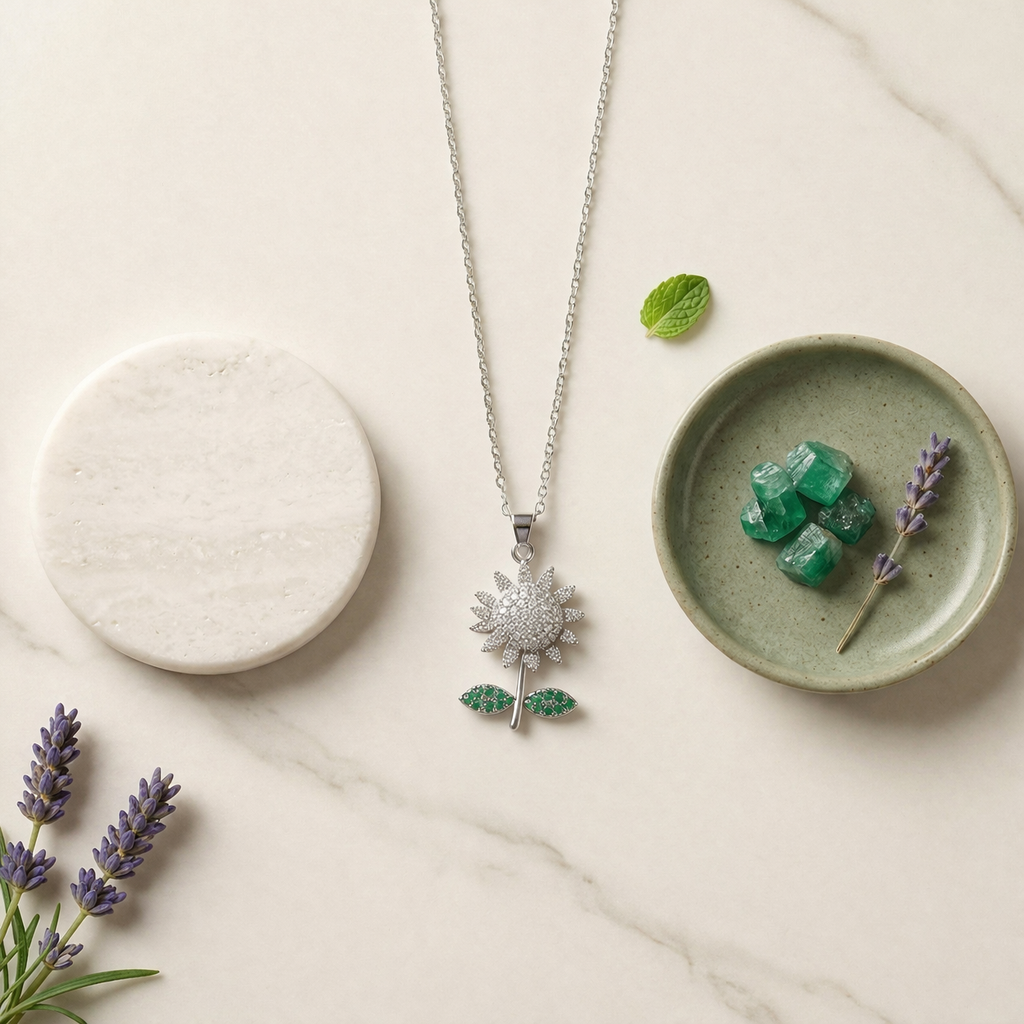 Sparkling Sunflower Pendant Necklace in Sterling Silver with Emerald Green Crystals