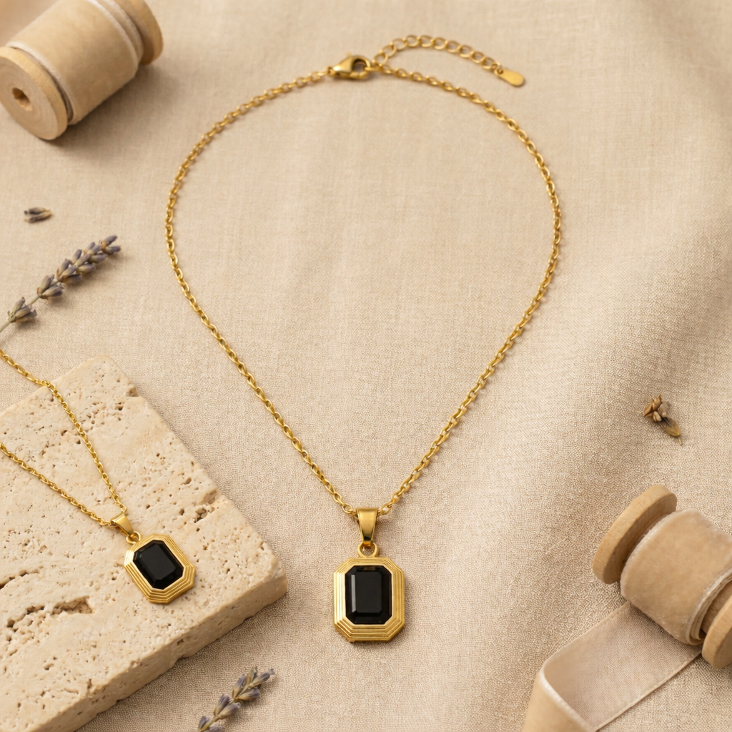 Vintage Style Emerald Cut Black Onyx Pendant Necklace