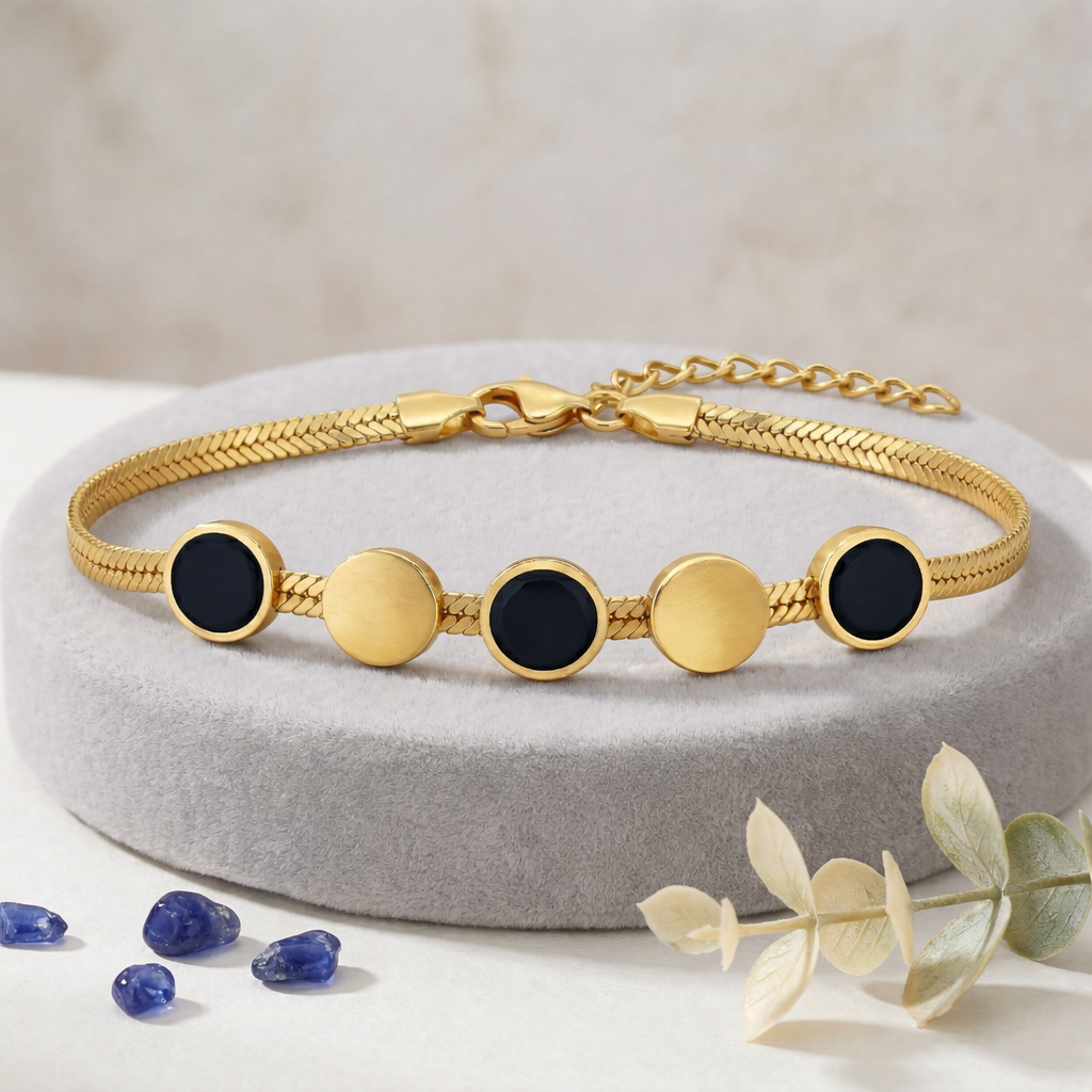 Modern Gold Herringbone Bracelet with Black Onyx