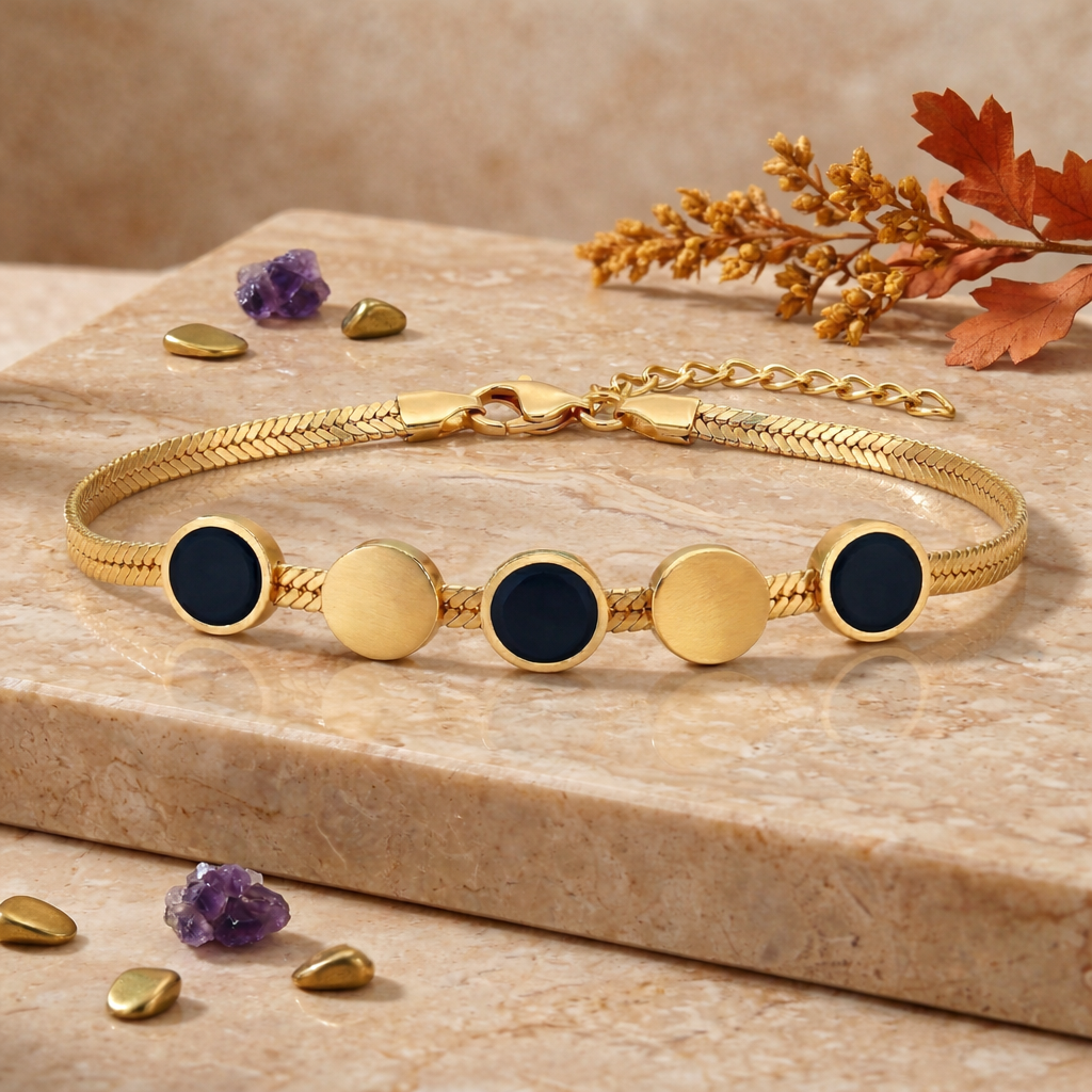 Modern Gold Herringbone Bracelet with Black Onyx
