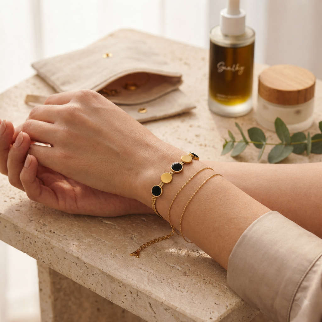 Modern Gold Herringbone Bracelet with Black Onyx