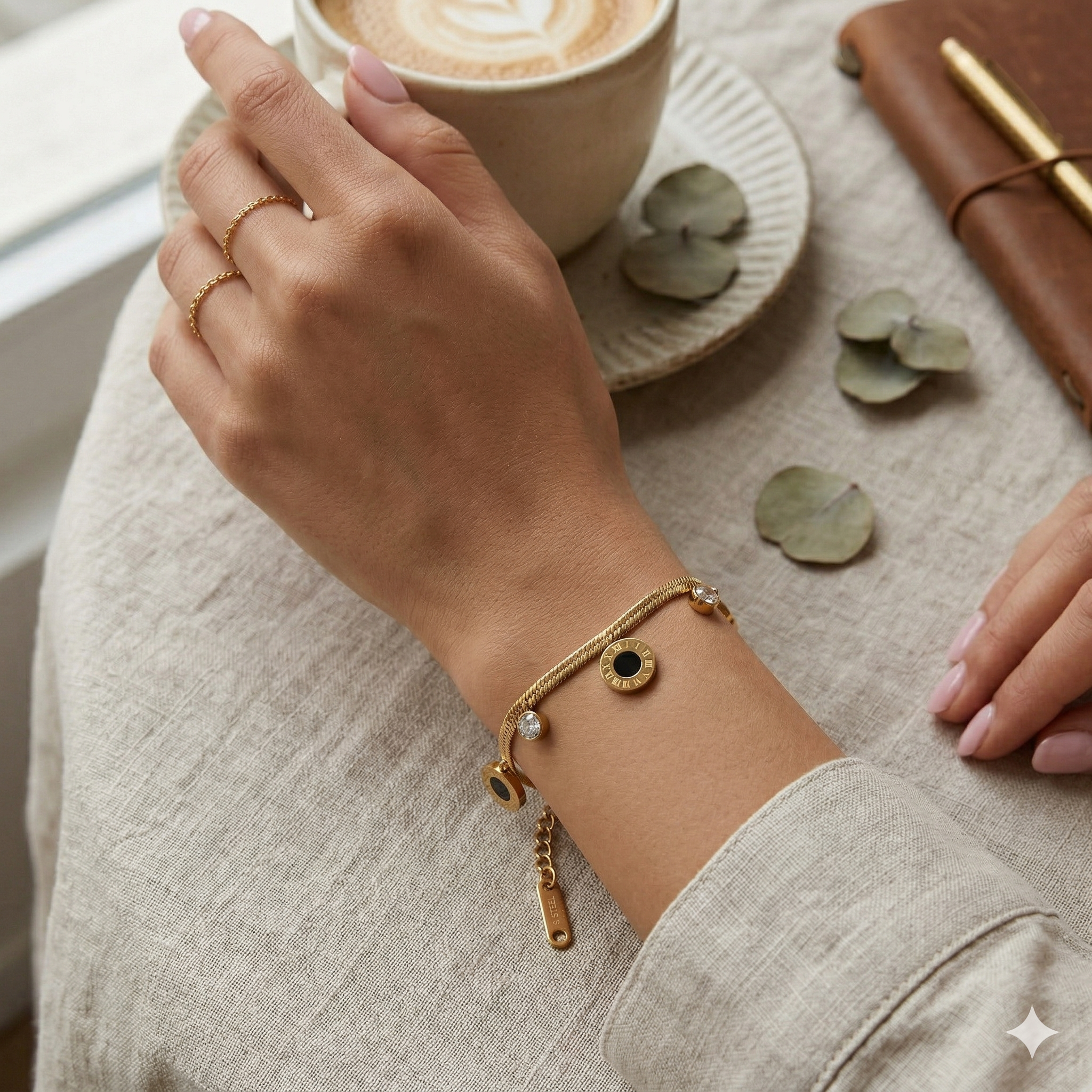 Stainless Steel Gold Plated Roman Numeral Disc Bracelet