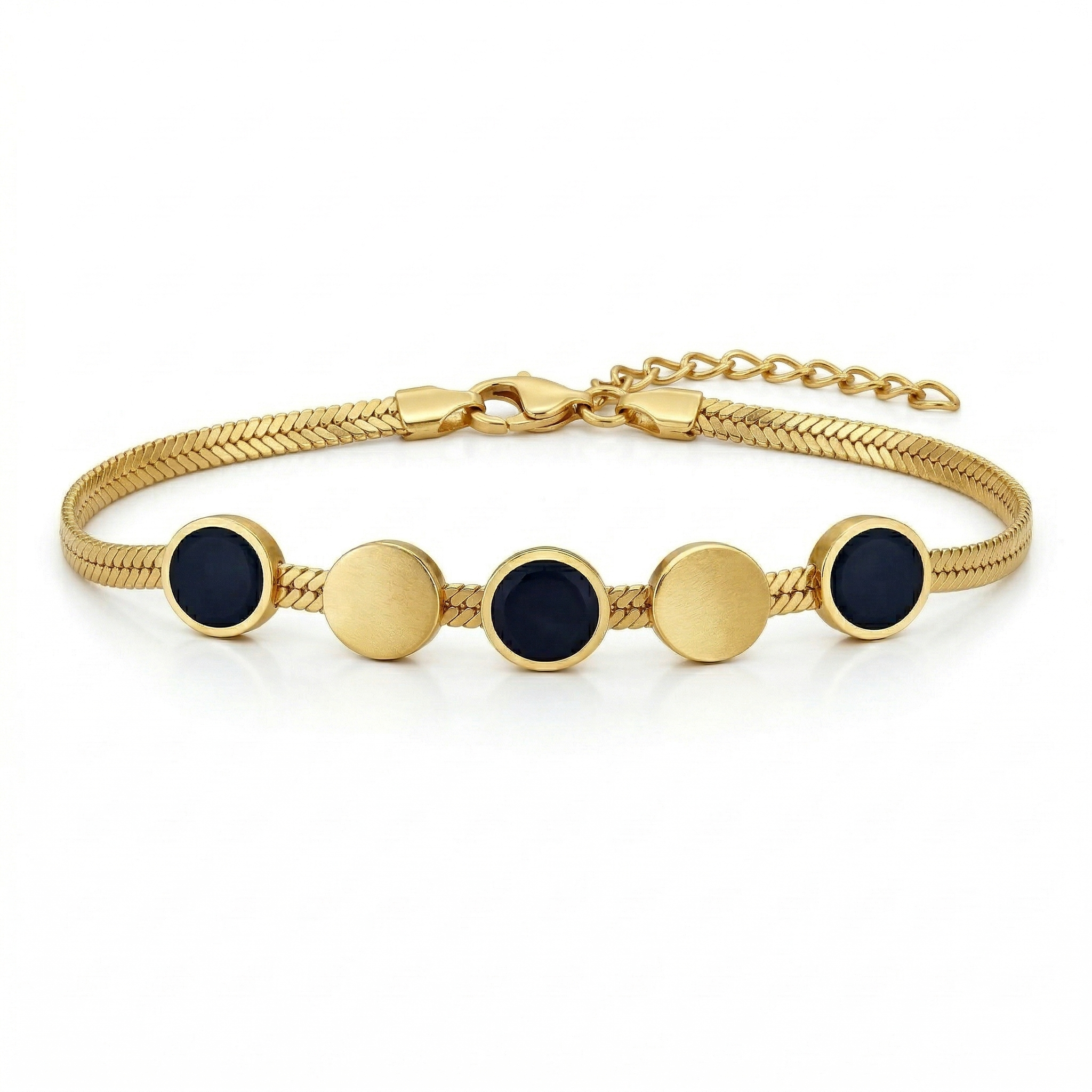 Gold bracelet with black round stones on a white background