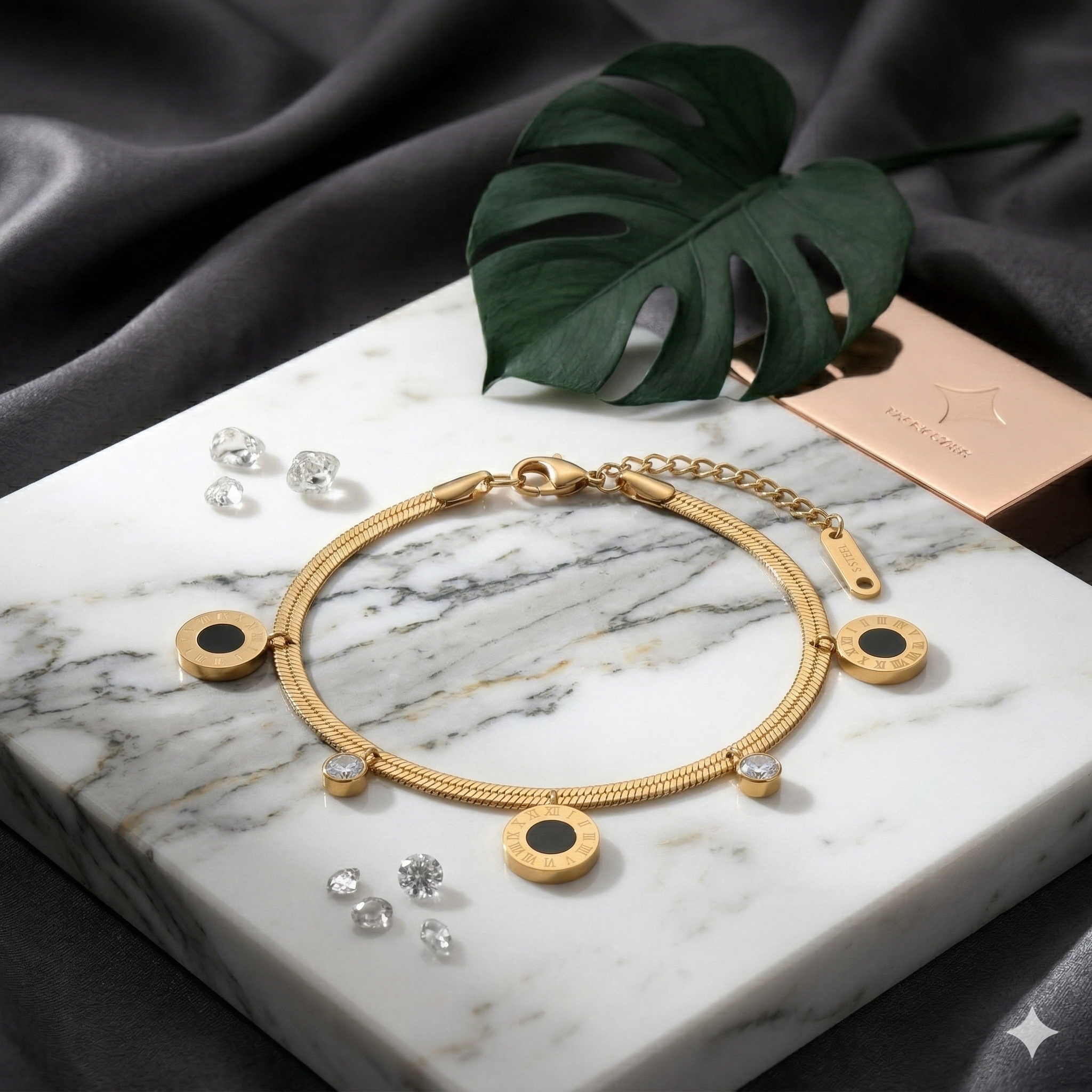 Stainless Steel Gold Plated Roman Numeral Disc Bracelet