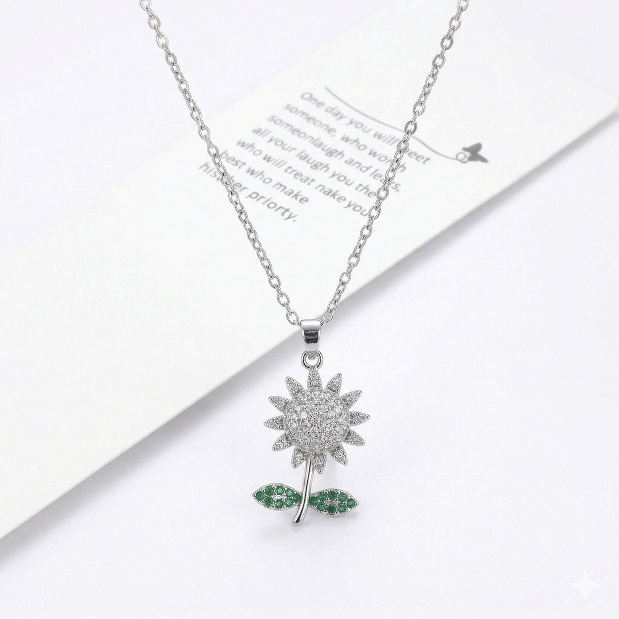 Sparkling Sunflower Pendant Necklace in Sterling Silver with Emerald Green Crystals