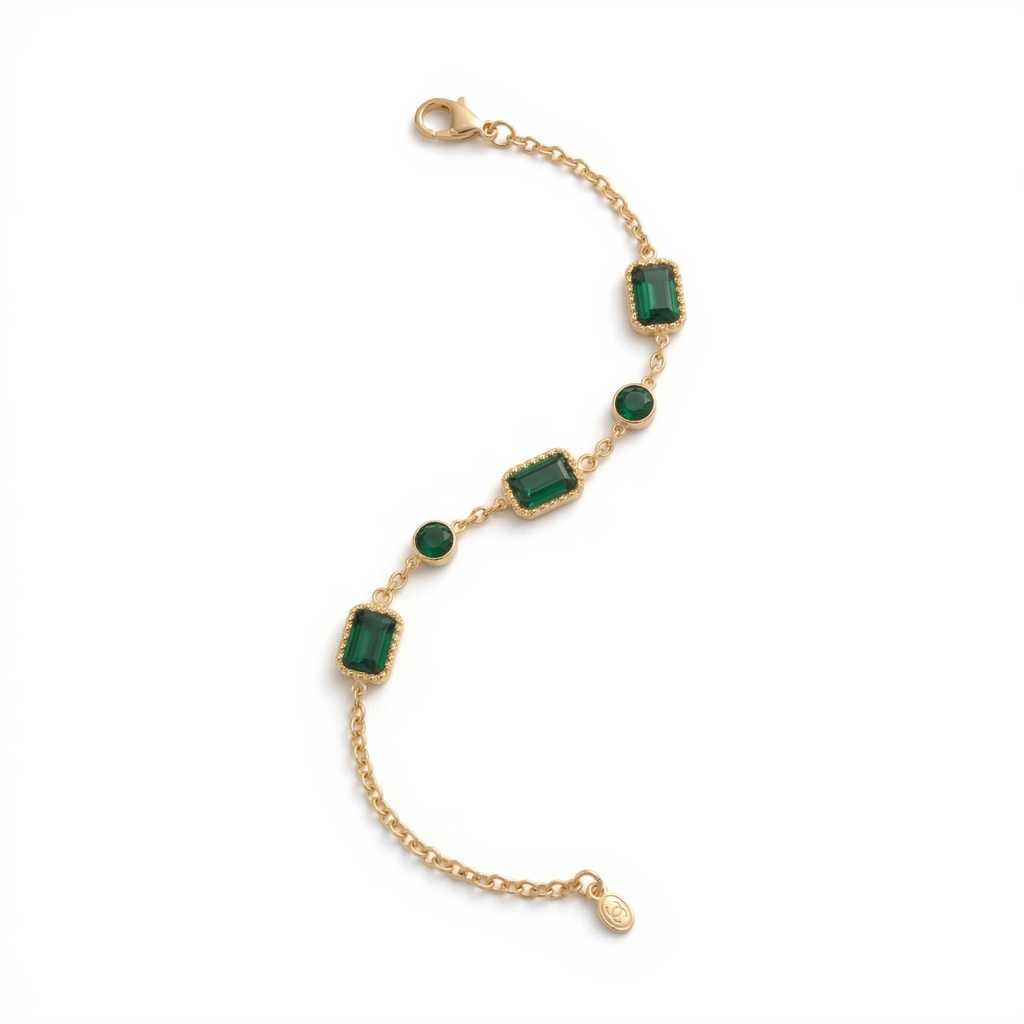 Gold Plated Stainless Steel Emerald Green Crystal Bracelet