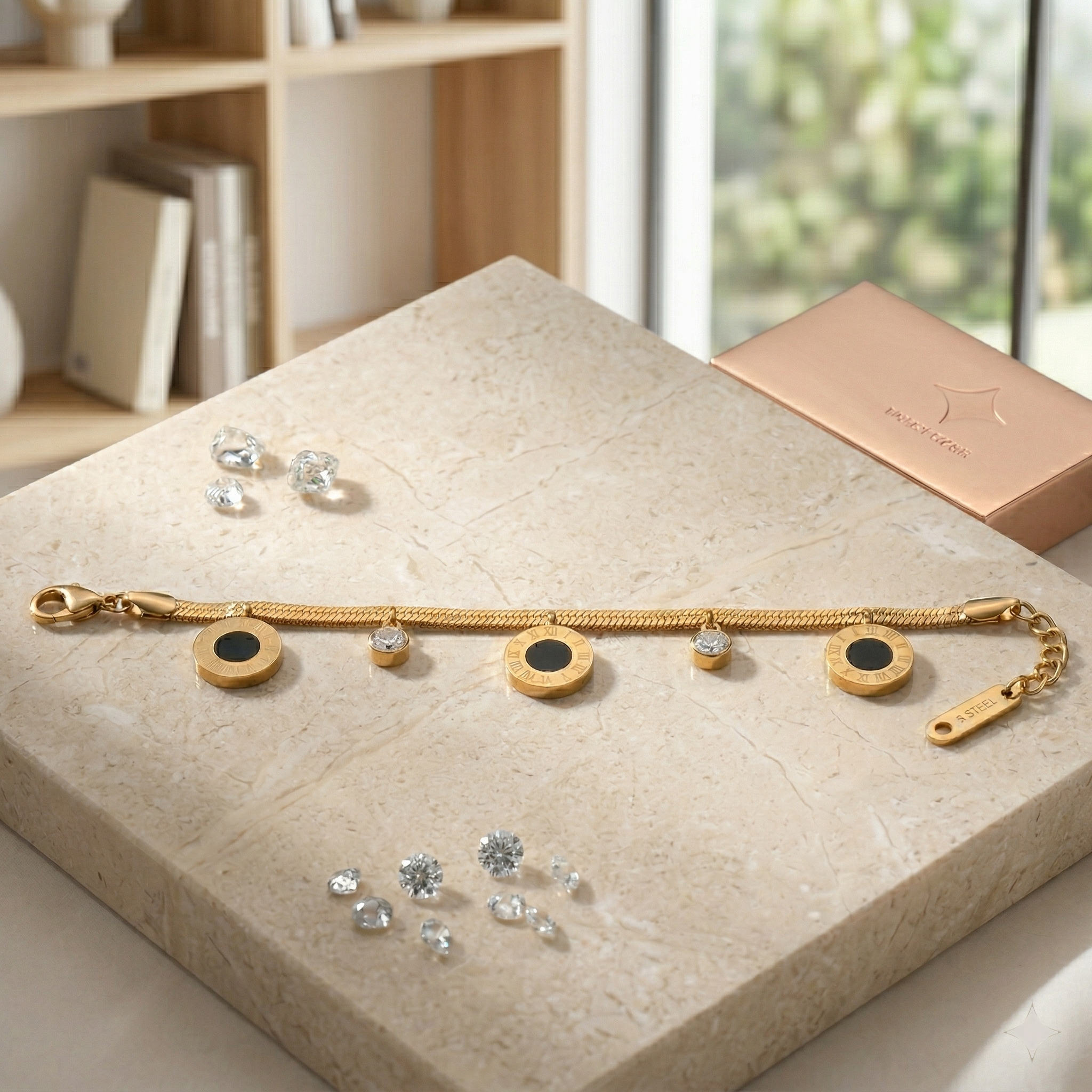 Stainless Steel Gold Plated Roman Numeral Disc Bracelet