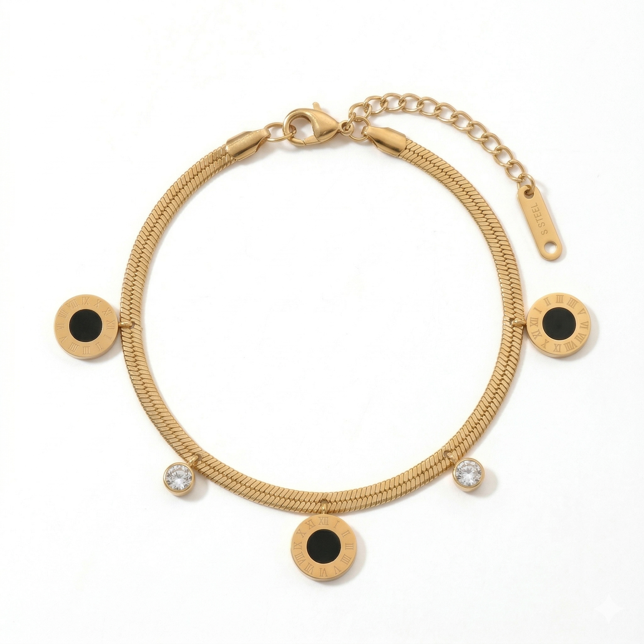 Stainless Steel Gold Plated Roman Numeral Disc Bracelet