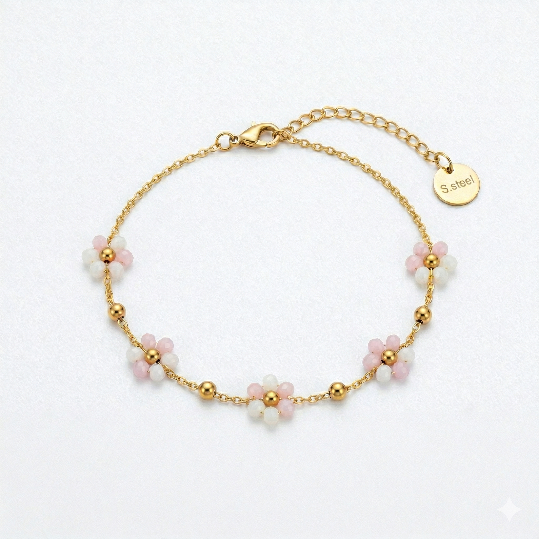 Gold floral daisy bracelet with pink and white beads